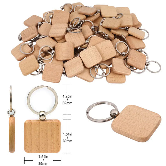 20Pcs 40mm Blank Wooden Keychain Dog Tags Key Ring Rectangular Engraving Key ID Engraved DIY Wooden Pendant Gift