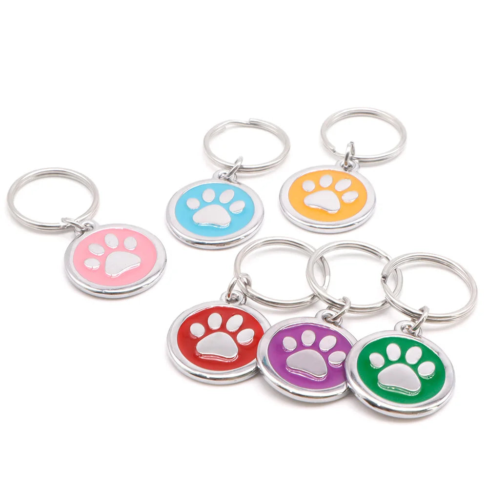 Wholesale 100 Tags Paw Pet Name Keychain ID Tags Number Address NamePlate Ring Key Chain Tag Pet metal tags id wallet pendant