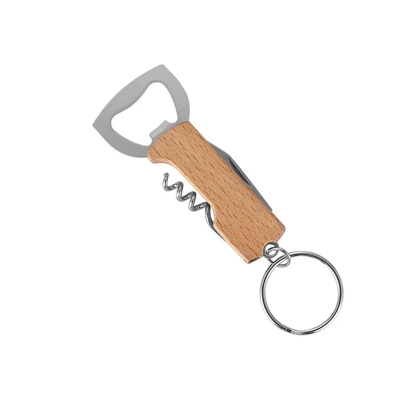 10Pcs Keychain Beer Bottle Opener Stainless Steel Multifunctional Wooden Handle Corkscrew Wine Opener Bar Party Accessories