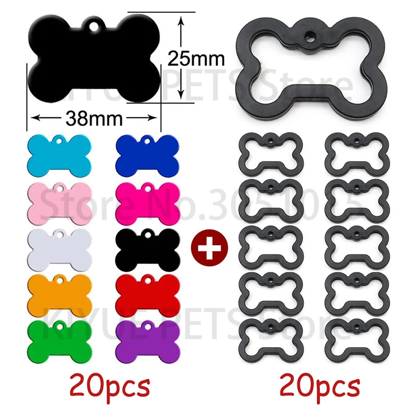 20Pcs Customization Pet ID Tag Silent Black Bone Shape Rubber Silencer Pendant Anti-lost Jewelry Charm Accessories