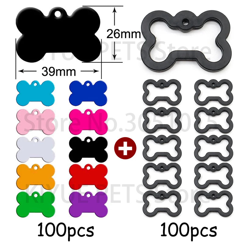 100Pcs Personalize Rubber Silencer Bone Aluminium Pendant Charms Pet Customization Engravable Blank Tags Anti-lost Nameplate