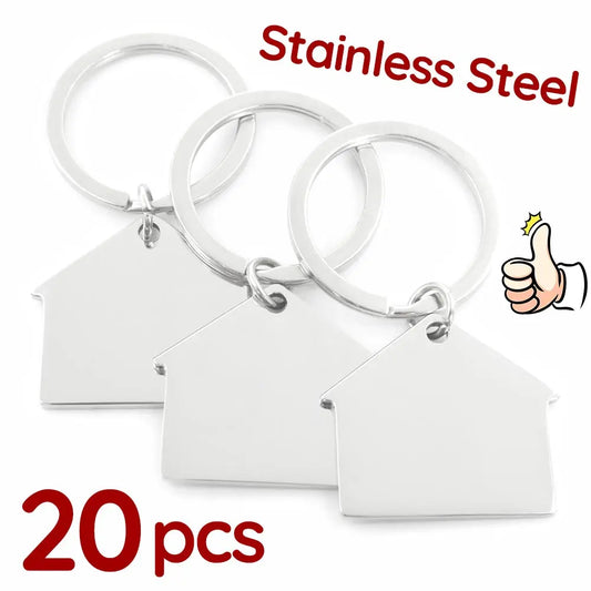 20Pcs Customizable Mirror House Shape Stainless Steel Pendant Engravable Address Pet Tag Anti-lost Keychain Charm Accessories