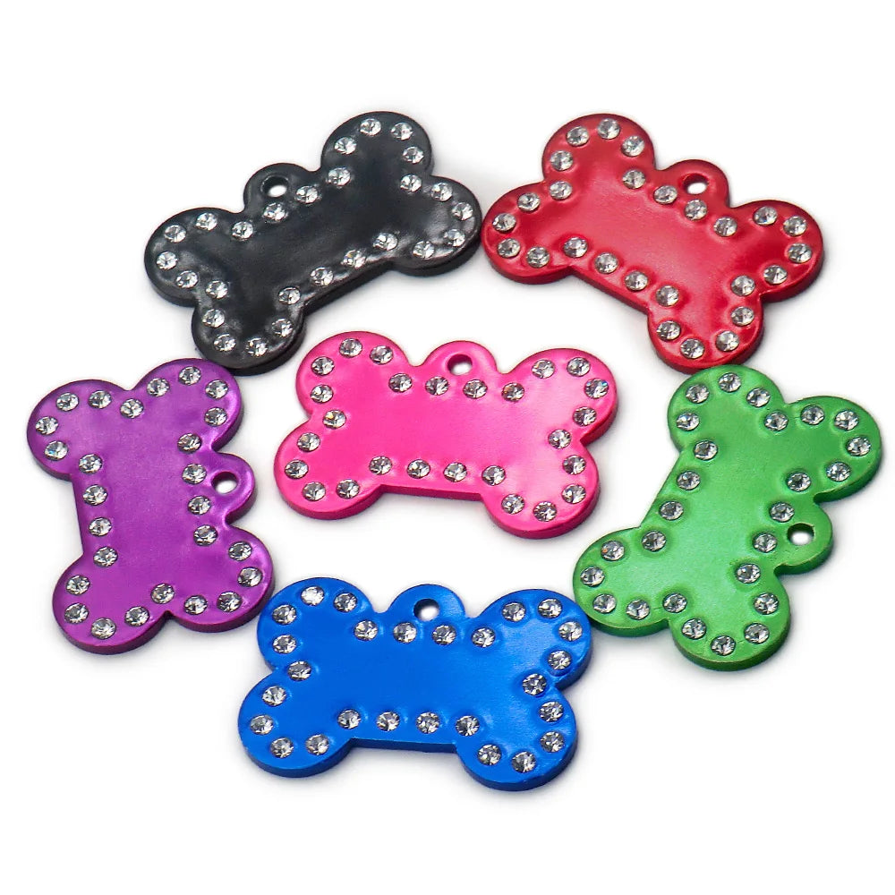 Wholesale 100Pcs Rhinestone Bone Plate Tag Personalized Dog ID Tag Custom Name Dog Collar Pet Accessories Pet Gift Dog Bone Tag