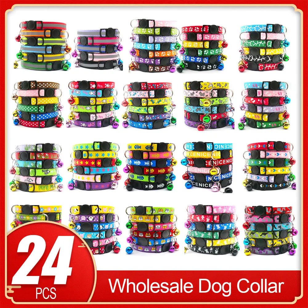 Wholesale 24 PCS Adjustable Cloth Material Pet Dog Chain With Cat Face Button Neckband With Bell Fashion Halter Collar