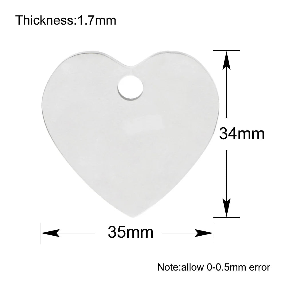 100Pcs Personalized Pet Dog ID Tag Blank Stainless Steel Heart Charm Laser Pendant Engravable Jewelry Plate Gift Souvenir