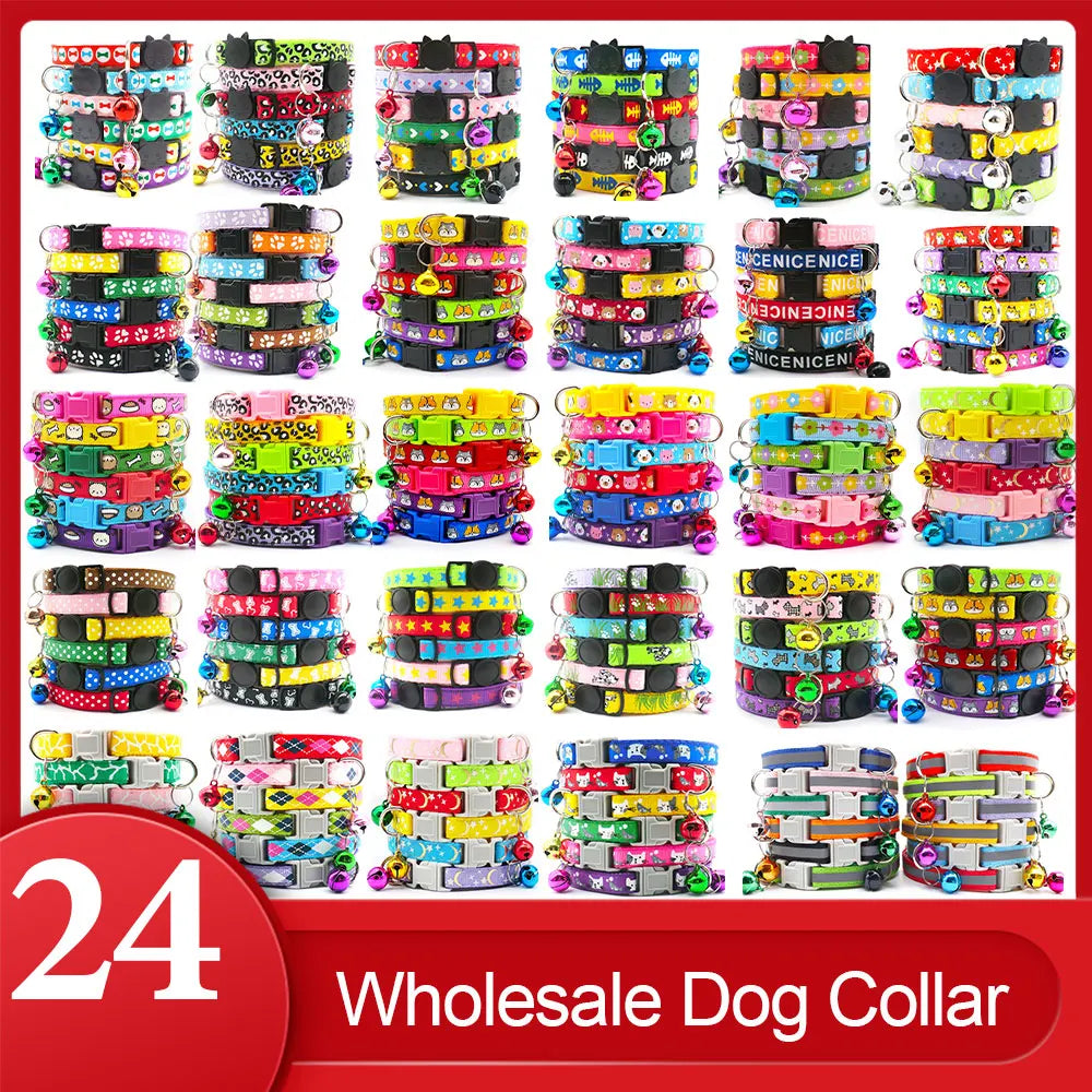 Wholesale 24 PCS Adjustable Cloth Material Pet Dog Chain With Cat Face Button Neckband With Bell Fashion Halter Collar