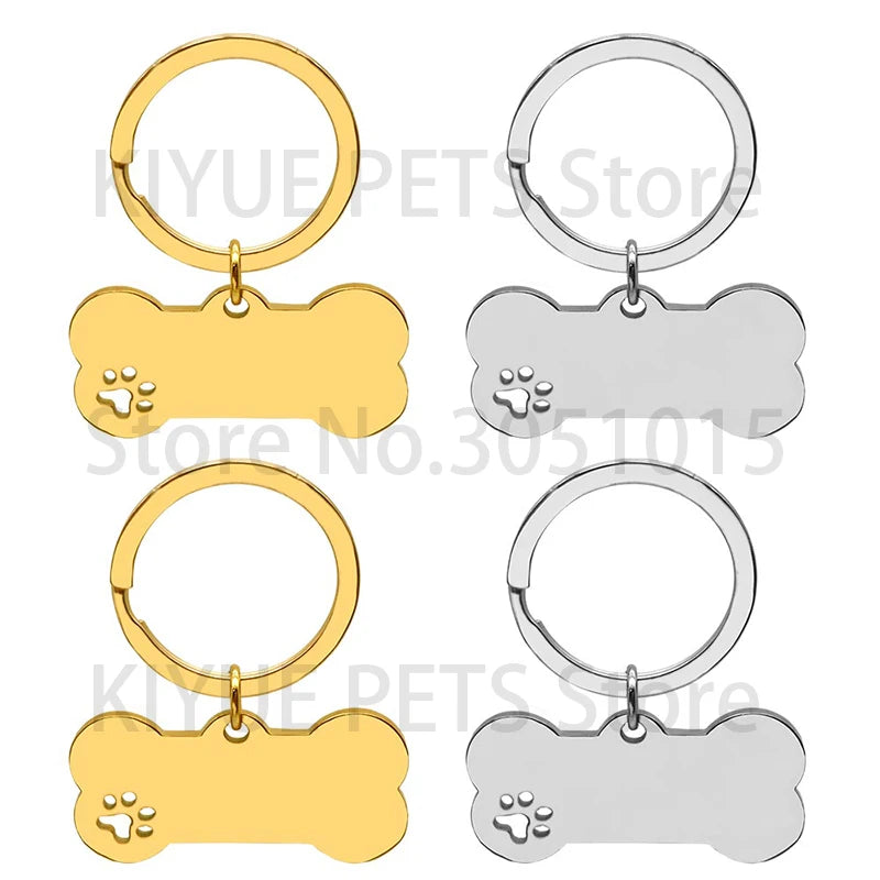 50Pcs Puppy Blank ID Bone Tag With Keyring Stainless Steel Paw Engraving Cat Nameplate Pet Collar Pendant Accessories