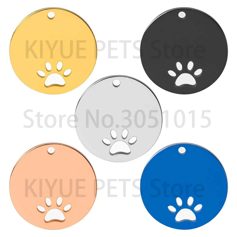 20PCS Pet ID Name Tag Round Inner Openwork Dog Paw Stainless Steel Custom Engraved Personalized Cat Nameplate Pendant Jewelry