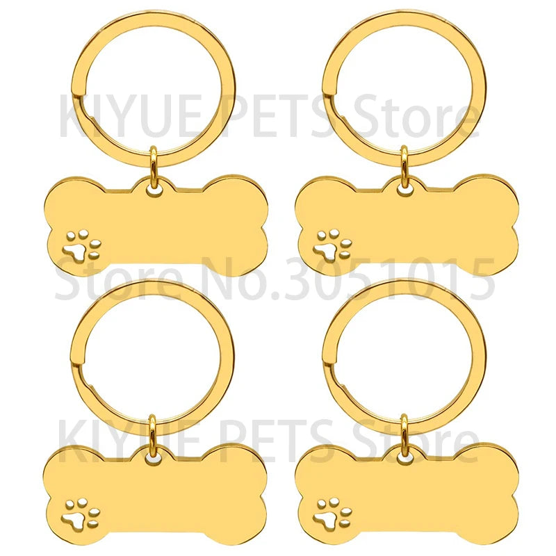 50Pcs Puppy Blank ID Bone Tag With Keyring Stainless Steel Paw Engraving Cat Nameplate Pet Collar Pendant Accessories