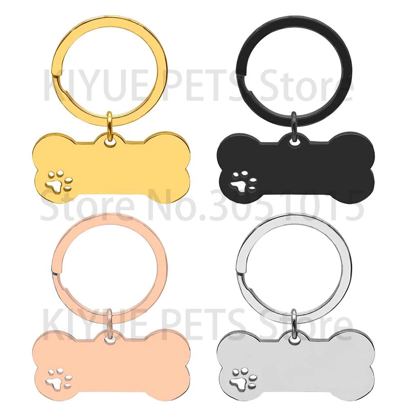 50Pcs Puppy Blank ID Bone Tag With Keyring Stainless Steel Paw Engraving Cat Nameplate Pet Collar Pendant Accessories