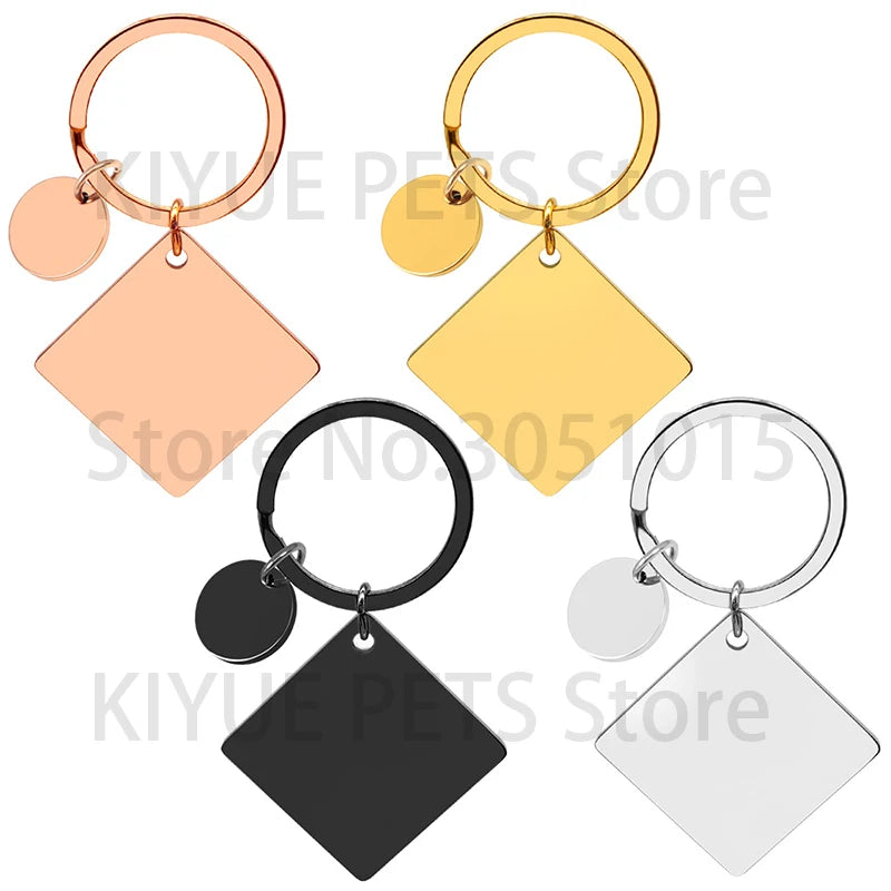 20Sets Pet Dog ID Tag Stainless Steel Mirror Metal Blank Square With Circles Keychain Keyring Engravable Anti-lost Accessories