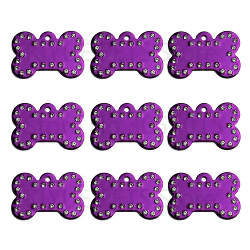 Wholesale 100Pcs Rhinestone Bone Plate Tag Personalized Dog ID Tag Custom Name Dog Collar Pet Accessories Pet Gift Dog Bone Tag