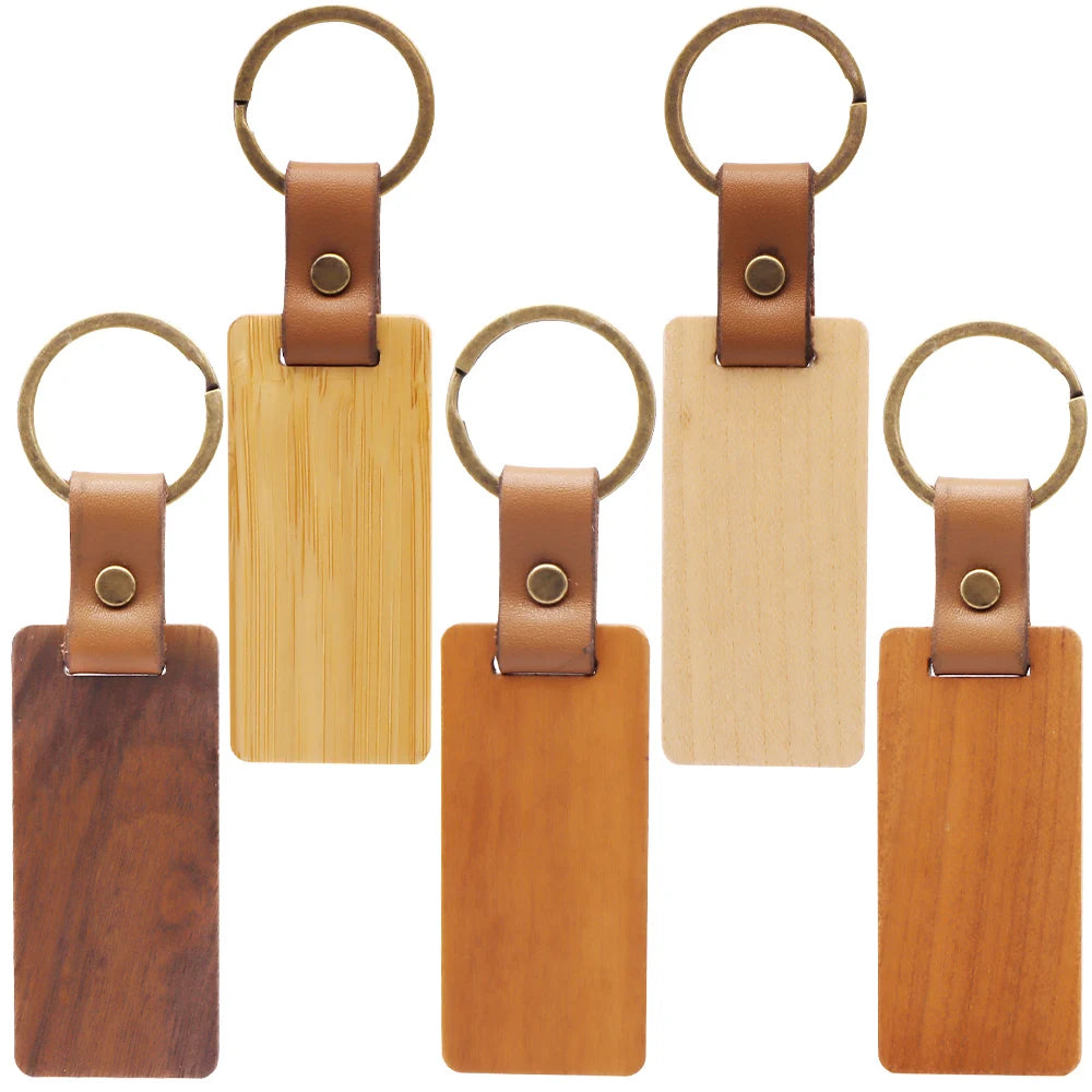 50pcs Wooden Keychain Rectangular Collectible Key Ring Car Bag Hanging Pendant Painting Crafts Cute Keychain for Women Men