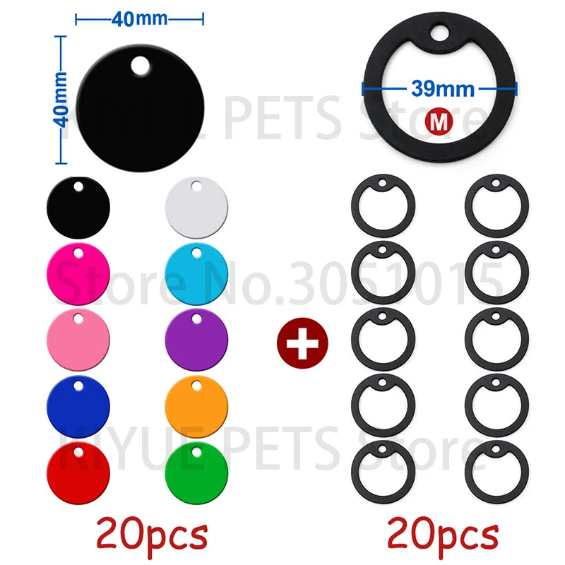 20pcs/set Black Rubber Round Tag Pet ID Nameplate With Silencer Circle Personalized Jewelry Pendant Collar Necklace Accessories