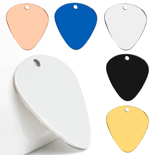 100Pcs Dog Id Tags Anti-lost Musical Cat Collar Accessorie Stainless Steel Guitar Picks Shape Plectrums Playing Nameplate DIY