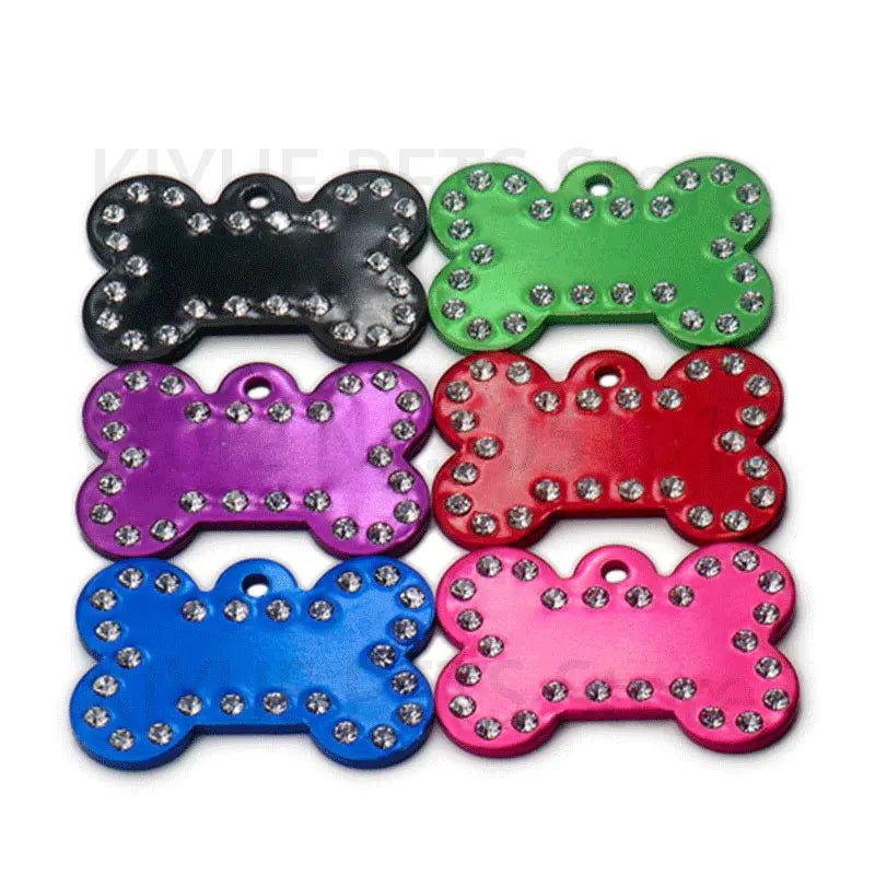 Wholesale 100Pcs Rhinestone Bone Plate Tag Personalized Dog ID Tag Custom Name Dog Collar Pet Accessories Pet Gift Dog Bone Tag