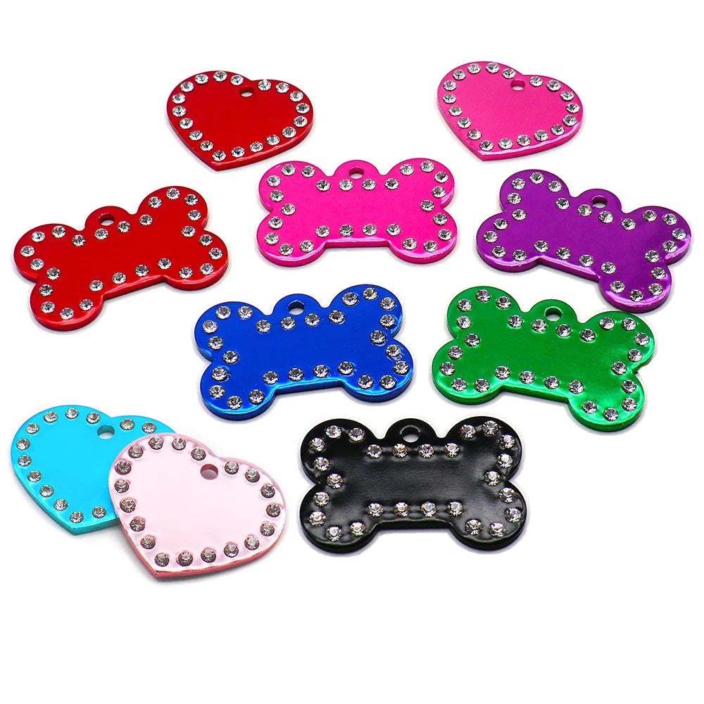 Wholesale 100Pcs Rhinestone Bone Plate Tag Personalized Dog ID Tag Custom Name Dog Collar Pet Accessories Pet Gift Dog Bone Tag