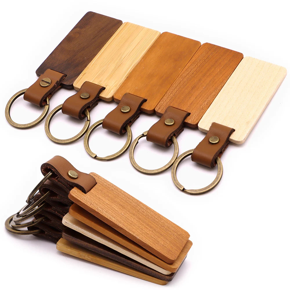 50pcs Wooden Keychain Rectangular Collectible Key Ring Car Bag Hanging Pendant Painting Crafts Cute Keychain for Women Men