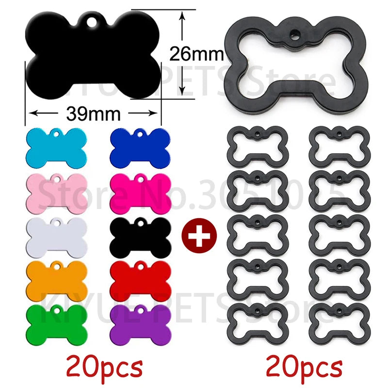 20Pcs Customization Pet ID Tag Silent Black Bone Shape Rubber Silencer Pendant Anti-lost Jewelry Charm Accessories