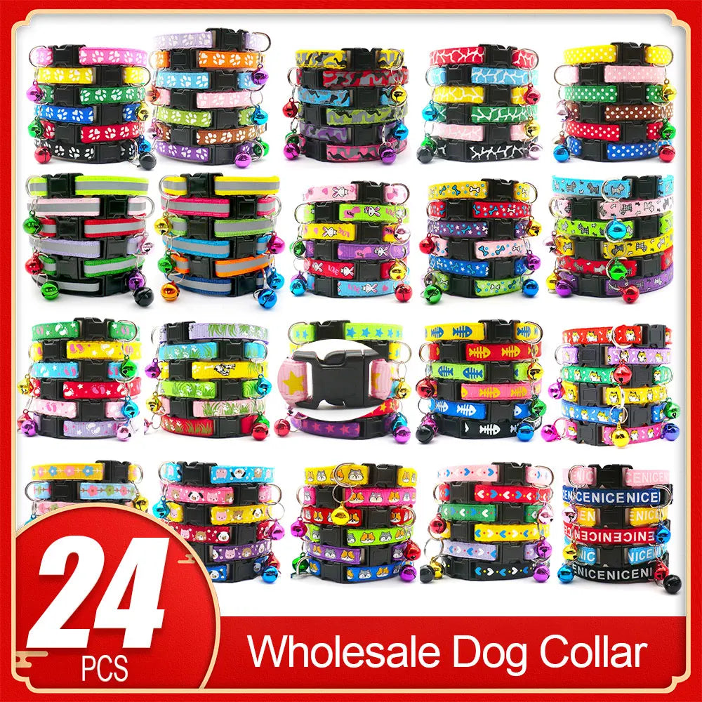 Wholesale 24 PCS Adjustable Cloth Material Pet Dog Chain With Cat Face Button Neckband With Bell Fashion Halter Collar