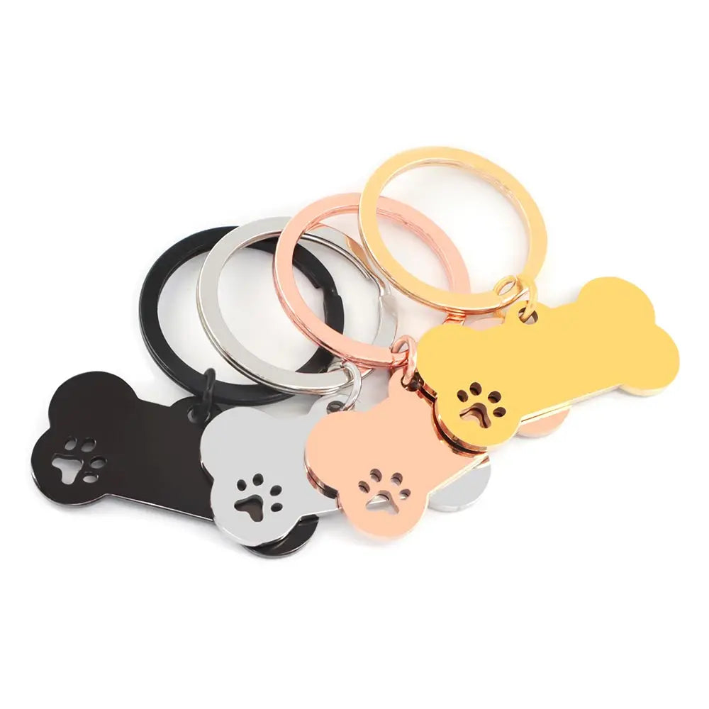 50Pcs Puppy Blank ID Bone Tag With Keyring Stainless Steel Paw Engraving Cat Nameplate Pet Collar Pendant Accessories