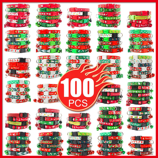 100pcs Dog Christmas Collar Match Id Tag Holiday Christmas Tree Print Female Male Puppy Christmas Decorations As Christmas Gift