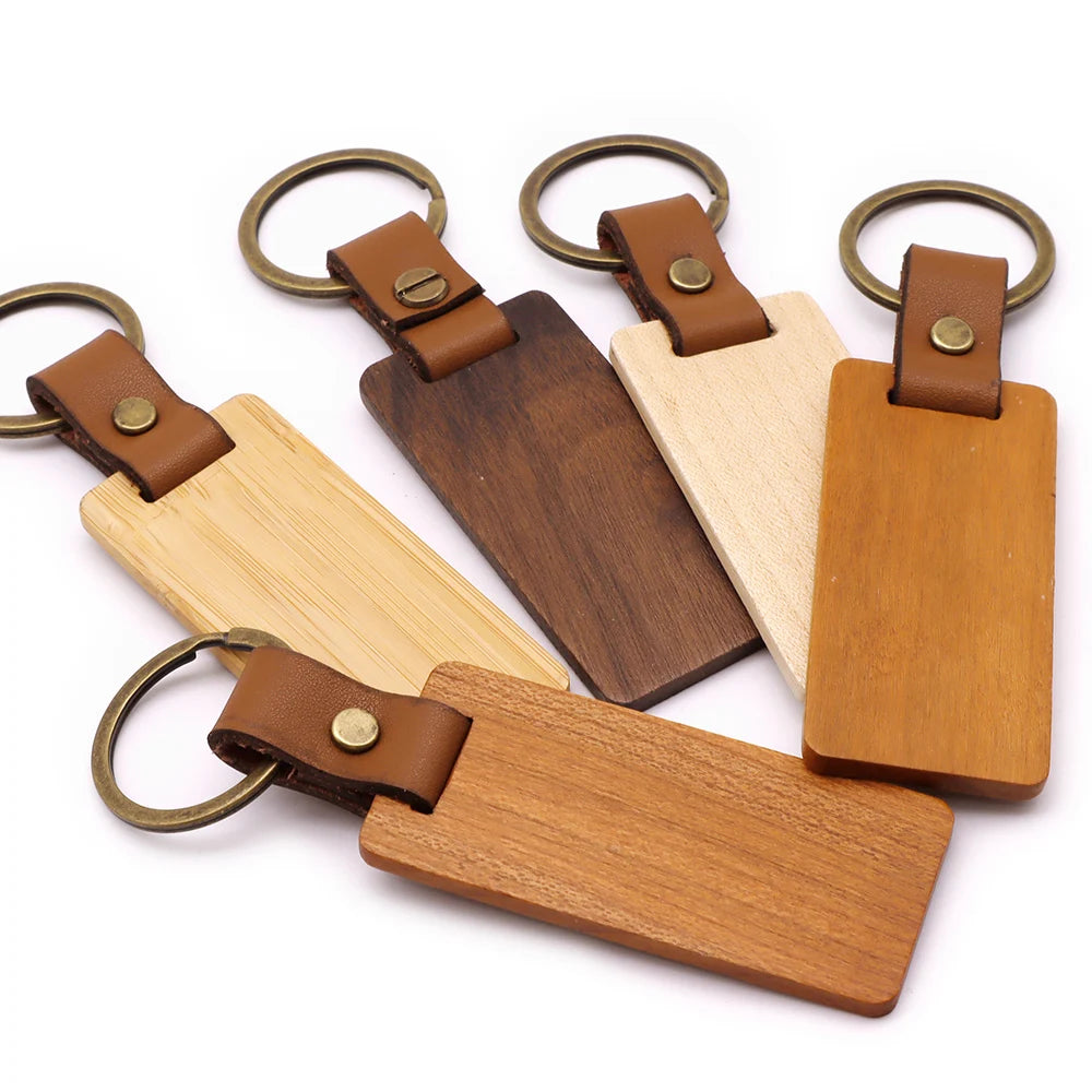 50pcs Wooden Keychain Rectangular Collectible Key Ring Car Bag Hanging Pendant Painting Crafts Cute Keychain for Women Men