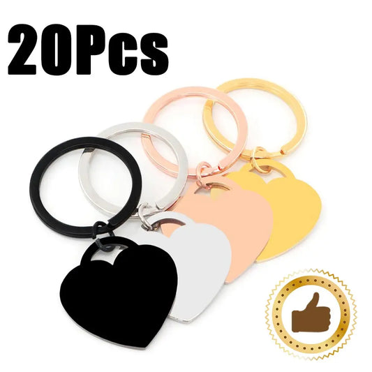 20pcs Stainless Steel Personalized Pet Blank ID Tag Heart Pendant Metal Keyring Nameplate Collar Accessories