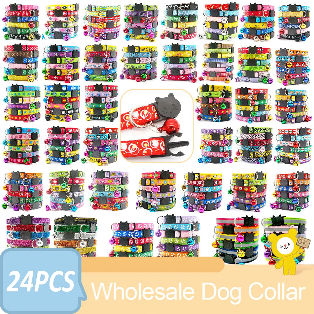 Wholesale 24 PCS Adjustable Cloth Material Pet Dog Chain With Cat Face Button Neckband With Bell Fashion Halter Collar