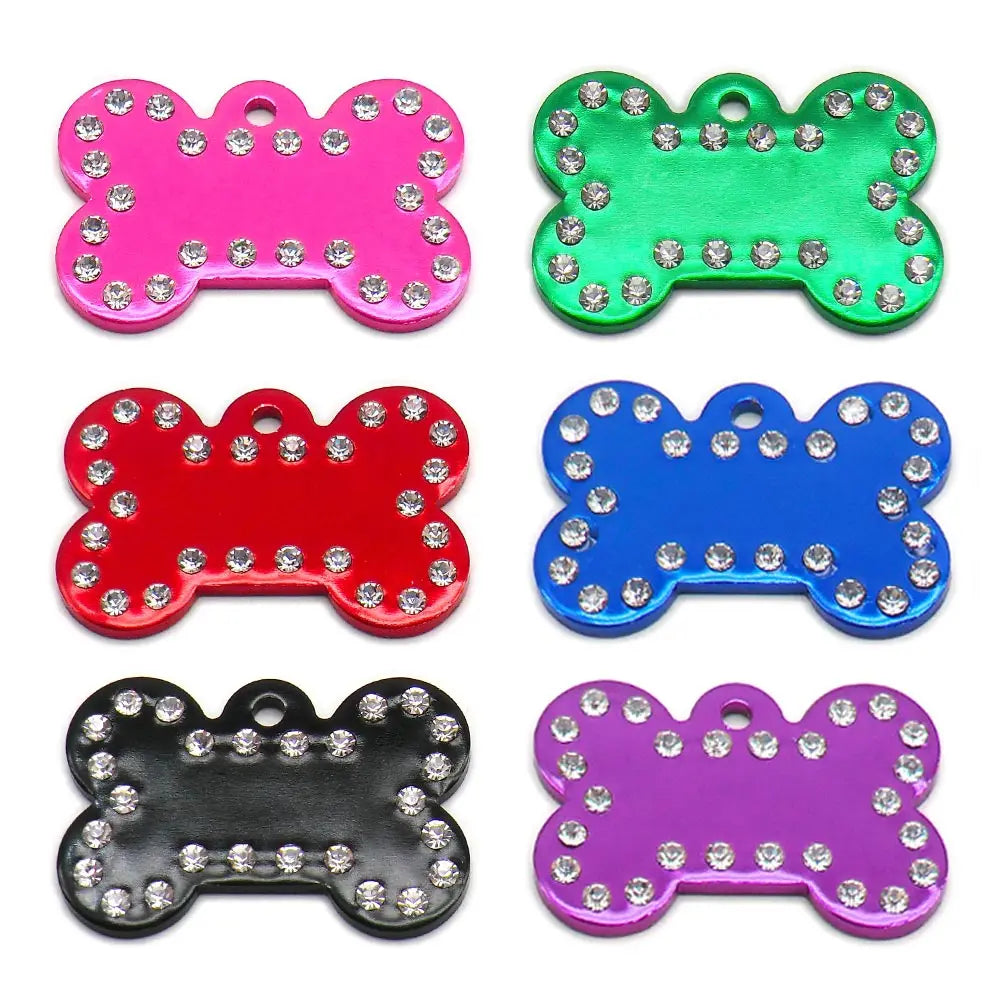 Wholesale 100Pcs Rhinestone Bone Plate Tag Personalized Dog ID Tag Custom Name Dog Collar Pet Accessories Pet Gift Dog Bone Tag