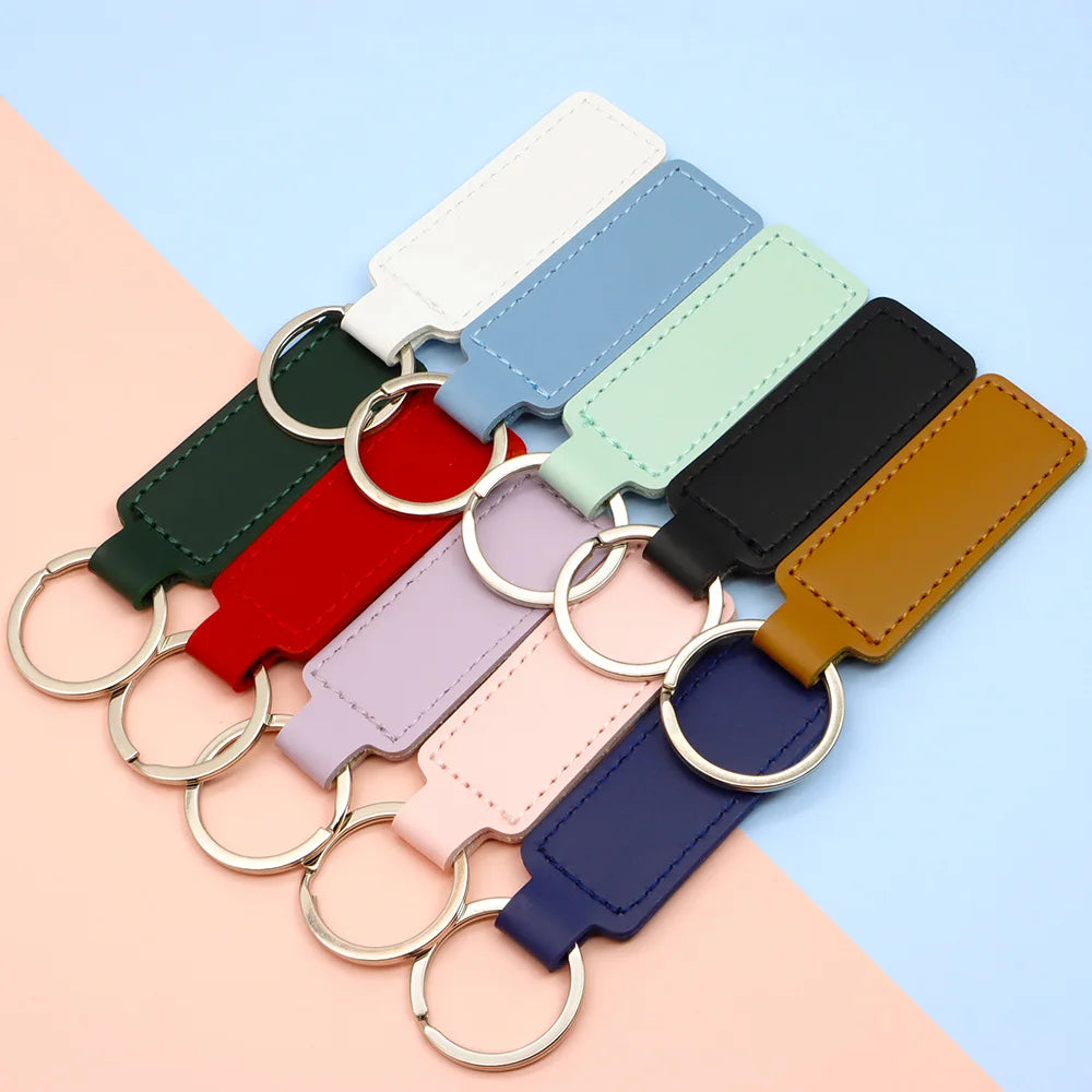 Wholesale 100 50 Pcs PU Leather ID Tag Key Chains Car Keychain Personalized Name Dog Tag ID Plate Square Key Pendant With Ring