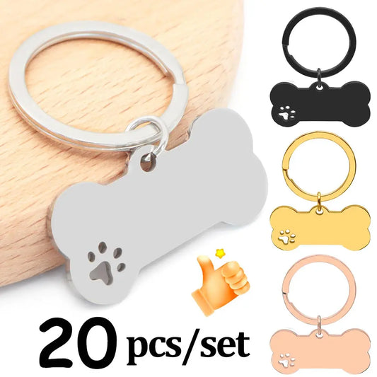 Customized 20Pcs Bone Dog Tag With Chain Blank Stainless Steel Paw Shape Nameplate Metal Keyring Collar Accessories