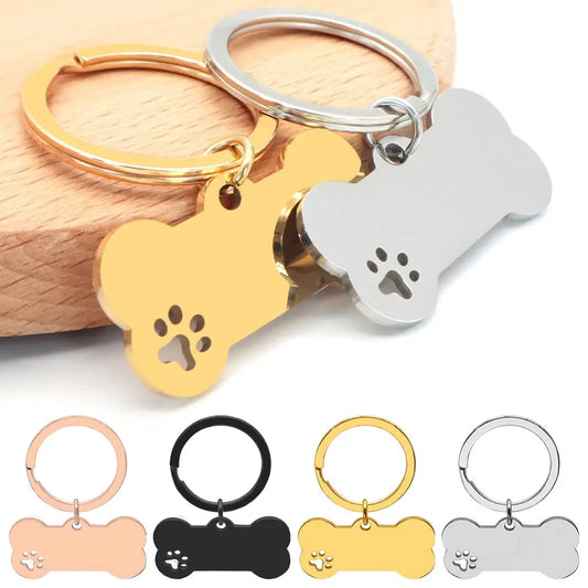 50Pcs Puppy Blank ID Bone Tag With Keyring Stainless Steel Paw Engraving Cat Nameplate Pet Collar Pendant Accessories