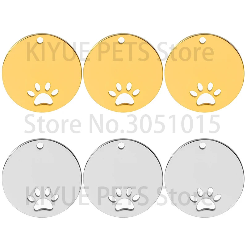 20PCS Pet ID Name Tag Round Inner Openwork Dog Paw Stainless Steel Custom Engraved Personalized Cat Nameplate Pendant Jewelry