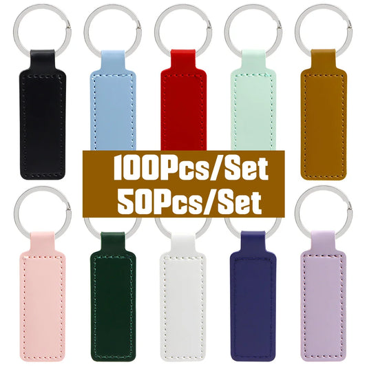 Wholesale 100 50 Pcs PU Leather ID Tag Key Chains Car Keychain Personalized Name Dog Tag ID Plate Square Key Pendant With Ring