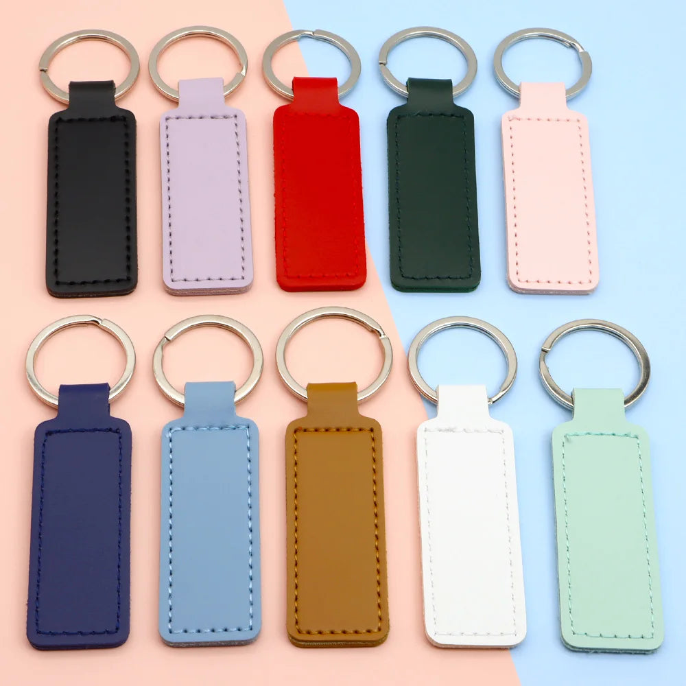 Wholesale 100 50 Pcs PU Leather ID Tag Key Chains Car Keychain Personalized Name Dog Tag ID Plate Square Key Pendant With Ring