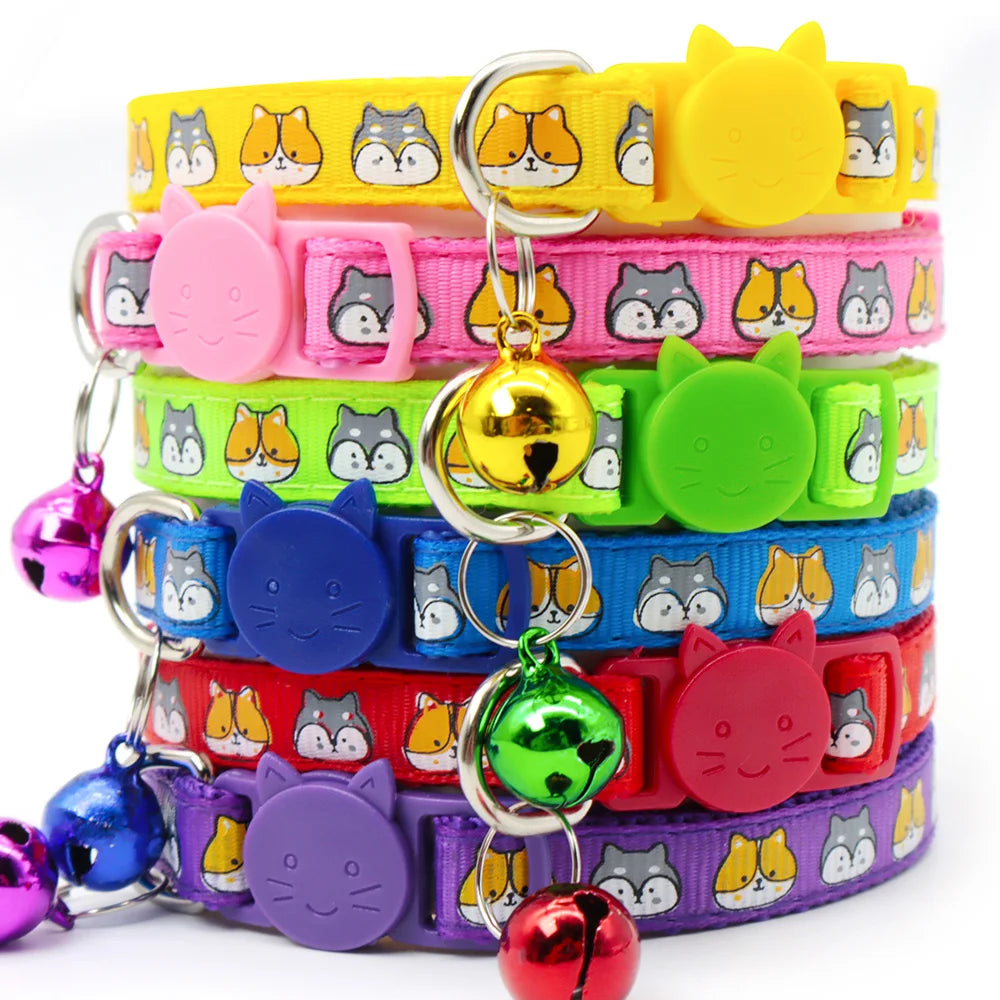 100Pcs Cat Dog Collar with Bell Cartoon Print Neck Strap Kitten Puppy Cat Pet Collar ID Adjustable Plastic Buckle Pet Supplies