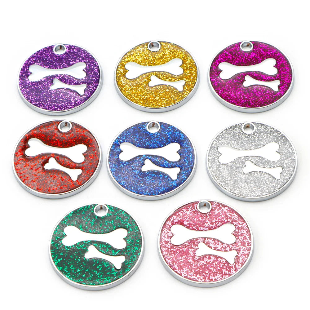 Wholesale 20Pcs Dog Cat Tag Engraved Round Puppy Kitten Blank ID Name Custom Collar Tag Bone Pendant Accessories Paw Glitter