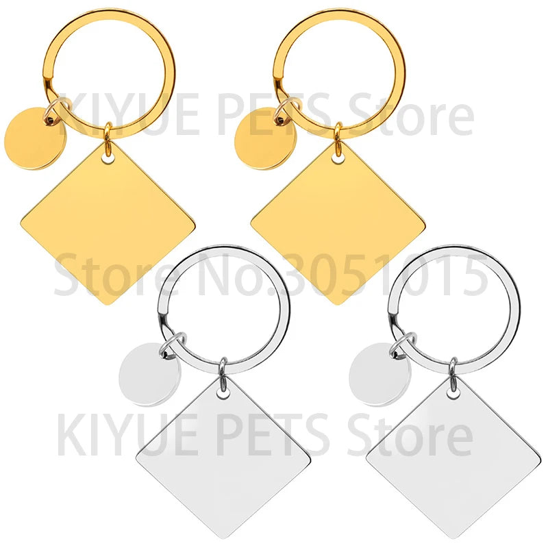 20Sets Pet Dog ID Tag Stainless Steel Mirror Metal Blank Square With Circles Keychain Keyring Engravable Anti-lost Accessories